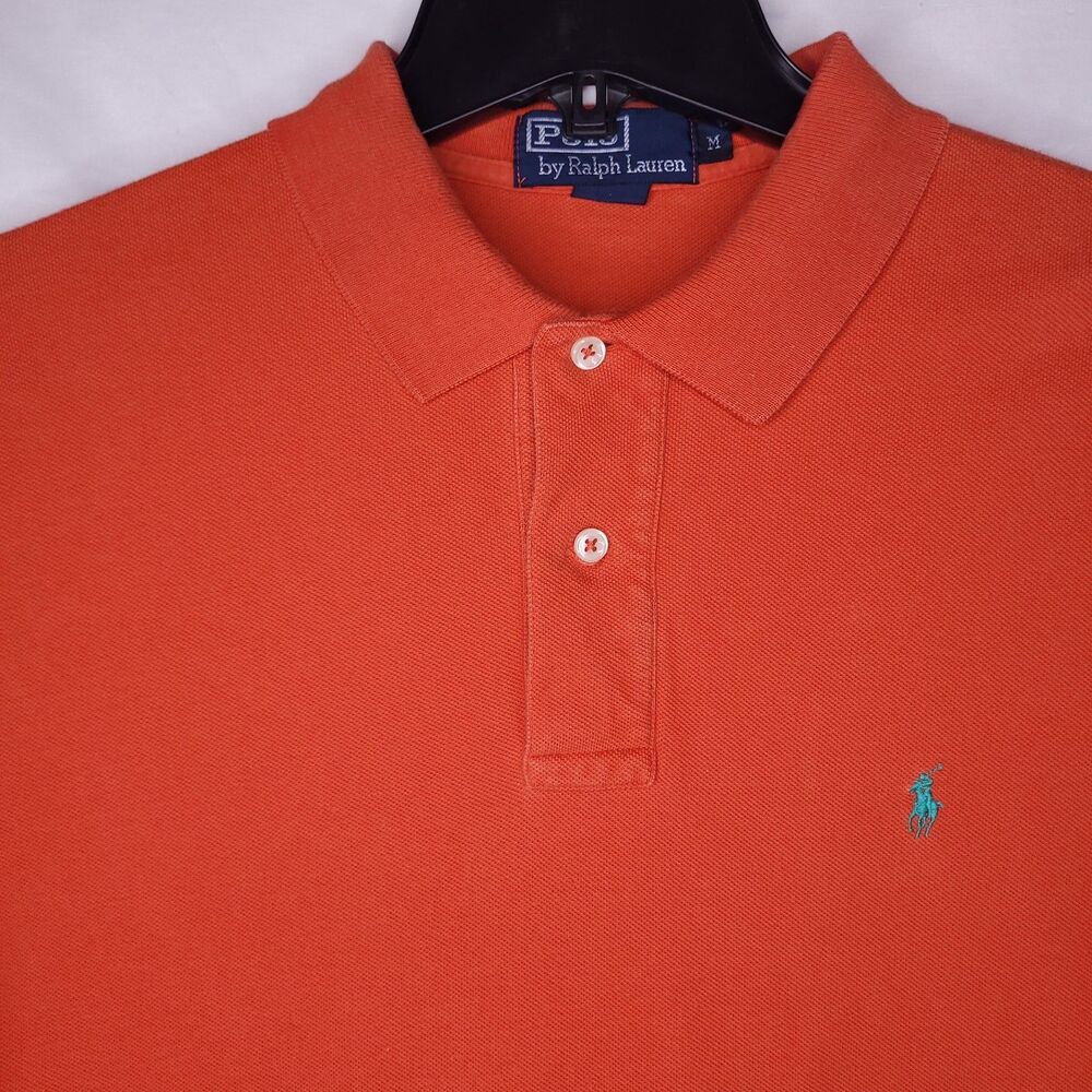 Ralph Lauren Polo Shirt Mens Medium Orange Green Pony Short Sleeve Cotton